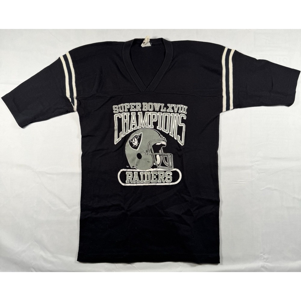 Vintage 80s Raiders Super Bowl XVIII Champions Jersey Tee Logo 7 USA V-Neck L